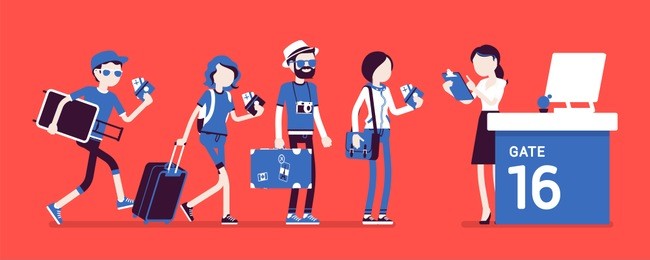 air flight check queue. airport check-in passengers standing in line before travel, airline agent checking ticket documents at gate. vector illustration with faceless characters