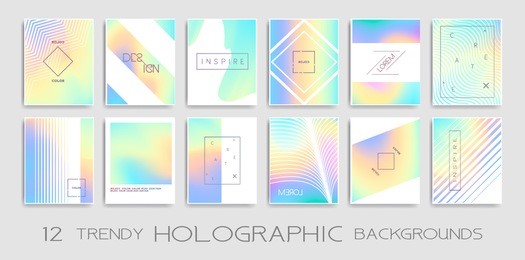 	
vector trendy design with holographic colors, modern design collection. colorful shapes, vibrant texture, hologram gradients, abstract motion for banners, covers, posters, patterns, templates,...