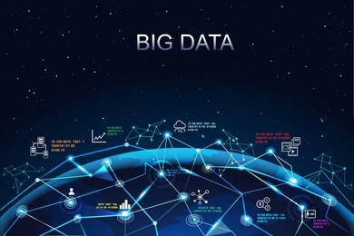 big data network concept. illustration showing data connectivity aroud the world devices and information, distribution, binary code, analytics, cloud computing, chart, server storage bigdata.