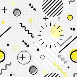 trendy seamless memphis style geometric pattern with bright geometric leaves foliage, vector illustration with line elements and abstract geometric figures. design backgrounds for wallpaper.