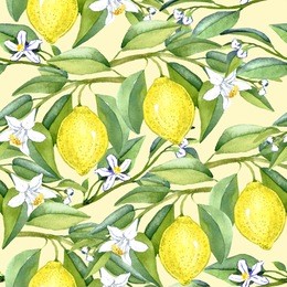 lemon branches with fruits and white flowers, seamless pattern design, hand painted watercolor illustration, soft yellow background