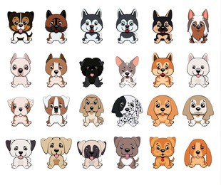 a set of dogs of different breeds, 24 puppies of different colors, types of ears, muzzles