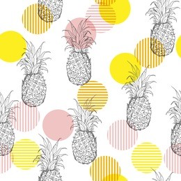 summer fresh outline pineapple seamless  pattern with hand drawing  mix with sweet colorful stripe polka dots vector illustration repeat on white.