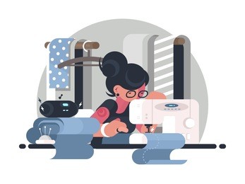 girl seamstress in workplace. woman working at sewing machine. vector illustration