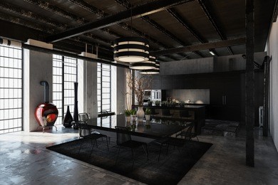 shadowy black designer industrial loft conversion with a luxury fitted kitchen and dining area under exposed structural elements lit by large bright windows. 3d rendering