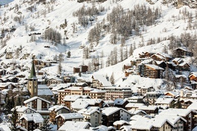scenery winter view of old village of zermatt in sunny day in switzerland