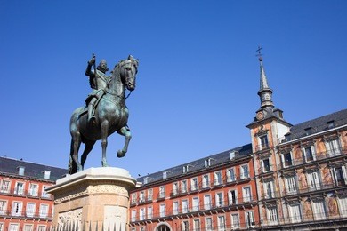 bronze statue of king philip iii constructed in 1616 by giovanni de bologna and pietro tacca at the plaza mayor in madrid, spain.