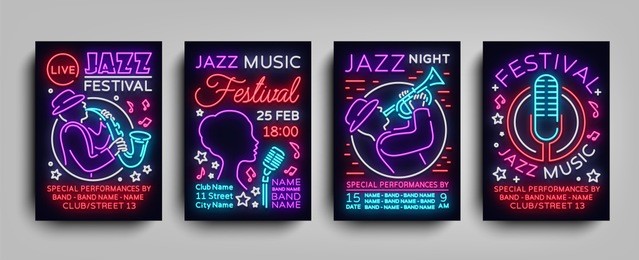 jazz festival posters neon collection. neon sign, neon style brochure, design invitation template for jazz music festival, light banner, nightly advertisement of festival, party. vector illustration