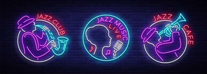 jazz music collection of logos in neon style. set of neon sign symbols, emblem, light banner, luminous sign. bright neon advertising for jazz club, cafe, restaurant, bar, party. vector illustration