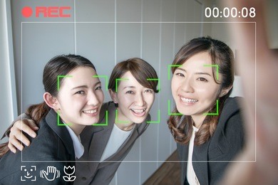 video selfie. facial recognition system of video camera. interface of mobile camera app.