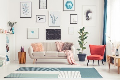 red chair and blue carpet near couch in colorful living room interior with ficus and posters