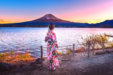 asian woman wearing japanese traditional kimono at fuji mountain. sunset at kawaguchiko lake in kyoto, japan