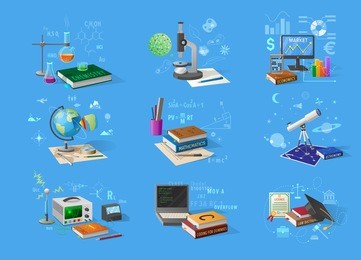 chemistry flasks, bio microscope, economic charts, geo globe, books on maths and law, telescope for astronomy, tech equipment  illustrations.