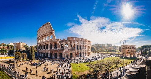 the roman colosseum (coloseum) in rome, italy wide panoramic view