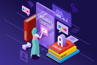 learning from textbook this is a foreign concept vector illustration. e-learning and teaching theme. student in front of gadget near textbooks and english abc alphabet. 3d isometric flat design.