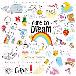 set of cute and colorful doodle hand drawing on paper.