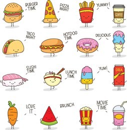 set of colorful cute doodle food character.