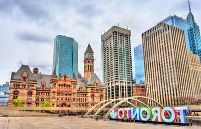 nathan phillips square and old city hall in toronto - ontario, canada