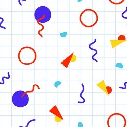 seamless pattern with 80s memphis style modern geometric repeating ornament of weird colorful messy shapes