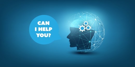 machine learning, artificial intelligence, cloud computing, automated support assistance and networks design concept with wireframe, speech bubble and human head