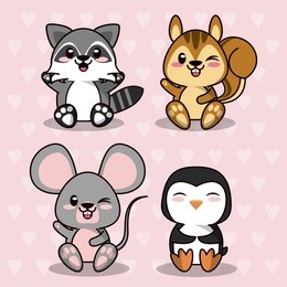 pink color background with hearts silhouettes with cute kawaii animals