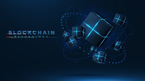 blockchain technology visualization. 3d vector cubes , blocks with neon parts compose futuristic technology illustration. moving meridian consist of glowing particles. decentralization concept .