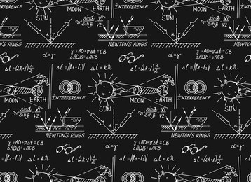 law of optics. retro education and scientific background. math and physic formula, equation and outlines on chalkboard. vector hand-drawn seamless pattern.