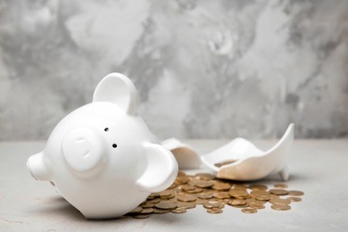 broken piggy bank with money on table
