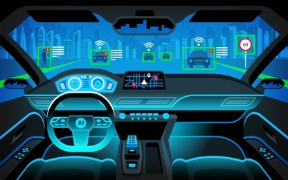 autonomous smart car interior. self driving at night city landscape. display shows information about the vehicle is moving, gps, travel time, scan distance.  head up display (hud) vector illustration