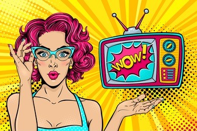wow female face. sexy surprised young woman in glasses with open mouth and bright curly hair and wow retro tv set. vector colorful background in pop art retro comic style. party invitation poster.