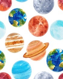 watercolor space pattern, planets of the solar system, venus, mars, uranus, mercury, neptune, saturn, jupiter, earth