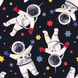 watercolor pattern flying astronauts, cute baby print, space world red, blue and yellow stars