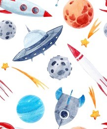 watercolor cutepattern  space illustrations , the man in the spacesuit of an astronaut, rocket, shooting star, flying saucer. mars, neptune