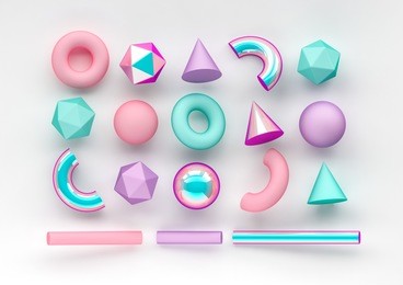 set of 3d render realistic primitives on white background. isolated graphic  elements. spheres, torus, tubes, cones and other geometric shapes in pink, holographic glass colors for trendy designs. 