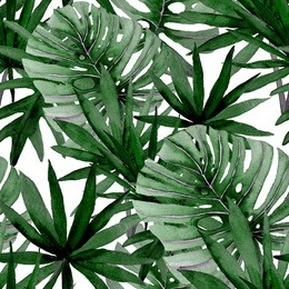 watercolor seamless pattern with tropical leaves: palms, monstera, passion fruit. beautiful allover print with hand drawn exotic plants. swimwear botanical design.

