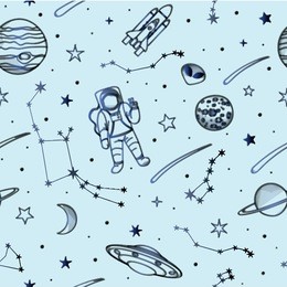 vector seamless pattern with cosmic objects on a blue background. hand drawn vector doodles. 