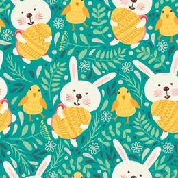 seamless pattern with easter eggs, chickens and bunnies. can be used for scrapbook, banner, print, etc.
