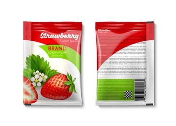 a plastic bag for your design and branding. strawberry with green leaves. mockup blank foil packaging sachet for tea, fruit, sugar, coffee, condoms, medicines, as well as salt, spices, sauce, shampoo.