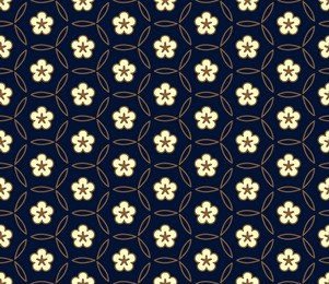 chinese window tracery pattern. white flowers on a indigo background. geometric lace all over ornament. decorative floral golden lattice. spring garden seamless vector design. vintage boho print block