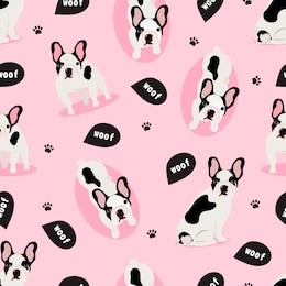 
seamless vector pattern with cute french bulldog on a pink background.