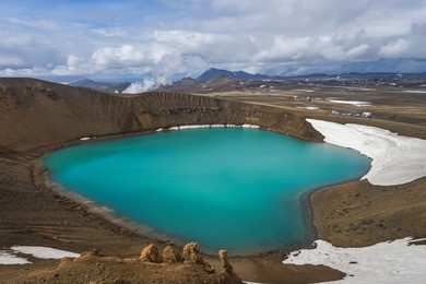 viti crater located in the krafla volcanic area of northern iceland. the crater is shaped like a heart.