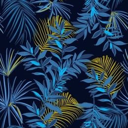 beautiful summer night seamless monotone blue and yellow tropical pattern. leaves palm tree illustration. modern graphics. exotic forest on navy blue  and trendy  background