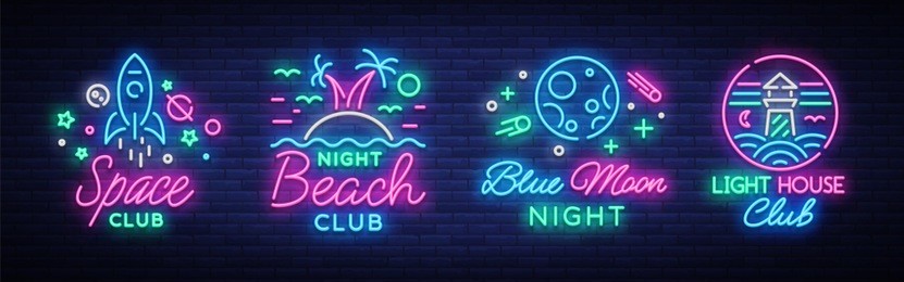 nightclub set of neon signs. logo collection in neon style, symbol. lighthouse, beach, space. design a template for a nightclub, night party advertising, discos, celebrations. vector illustration