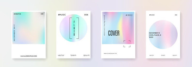 holographic poster set. abstract backgrounds. futuristic  holographic poster with gradient mesh. 90s, 80s retro style. iridescent graphic template for brochure, banner, wallpaper, mobile screen.
