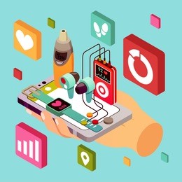 isometric wearable sport devices conceptual composition with human hand holding smartphone smart watch headphones with app pictograms vector illustration