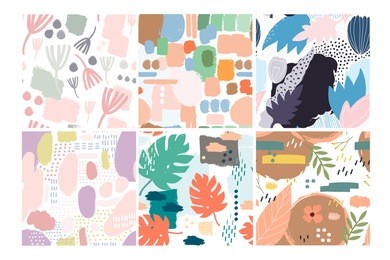 set of six hand drawn vector seamless patterns. tropical leaves, abstract shapes, pastel colors. transparent background