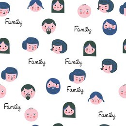 set faces of people.seamless family pattern of white backround.hand drawn vector illustration. 