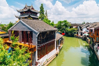 chinese traditional architecture and canal in shanghai zhujiajiao water town