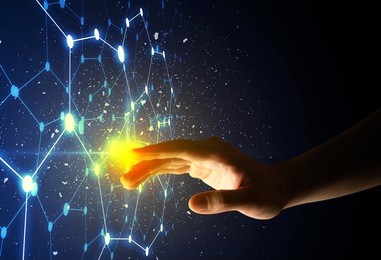 female finger touching a beam of light surrounded by a connectivty concept