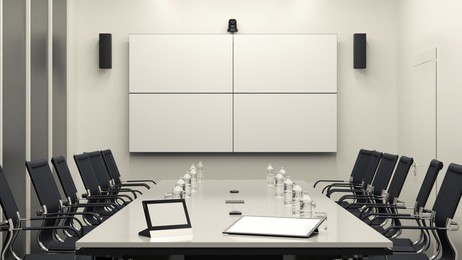 bright modern meeting room with 2x2 lcd video wall. 3d illustration.